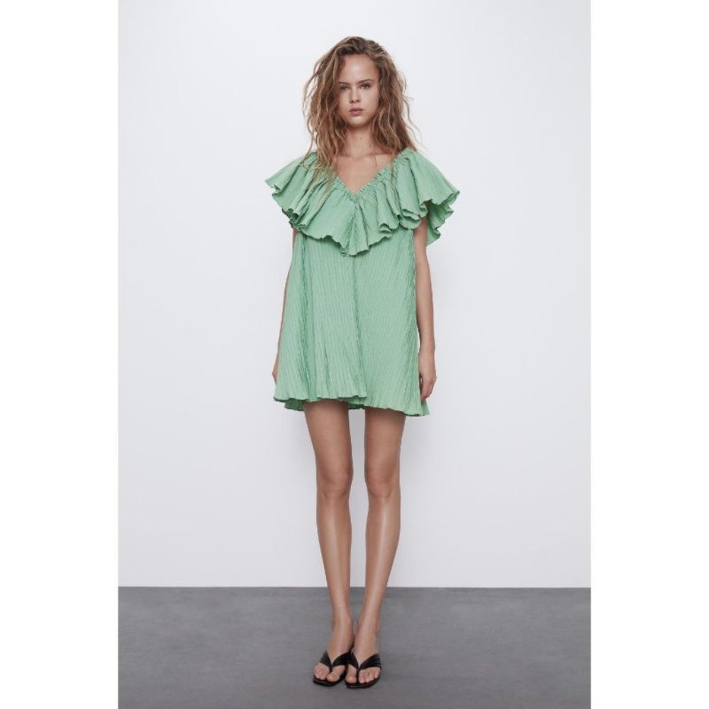 ZARA Women's XS Voluminous Pleated V Neck Dress